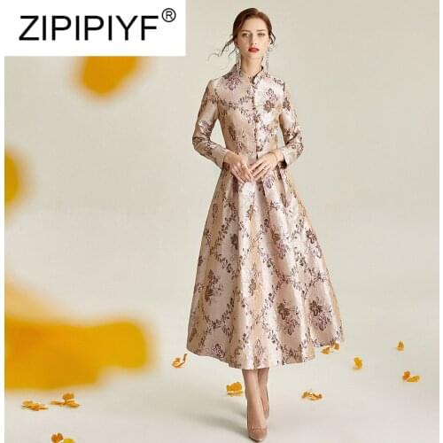 2020 Spring Women High Quality Fashion Jacquard Dress Mandarin Collar Long Sleeve Vintage Big Swing Ankle Length Dressn Y100