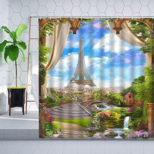 3D Arch European-Style Landscape Shower Curtain Garden Flower Plant Iron Tower Natural Scenery Wall Decor Curtains Polyester Set