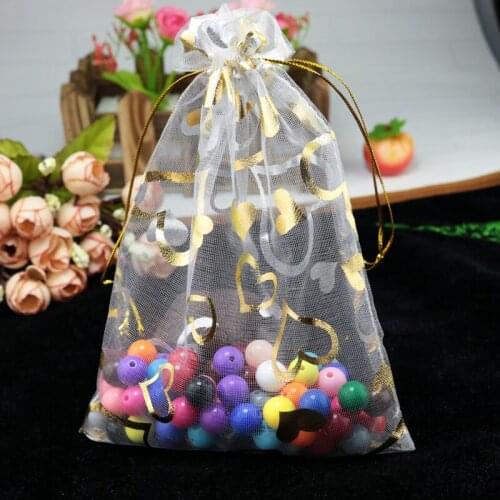 500pcs/lot White Organza Bag 11x16cm Hearts Design Drawstring Pouch Candy Gift Bag Wedding Decoration Jewelry Packaging Bags