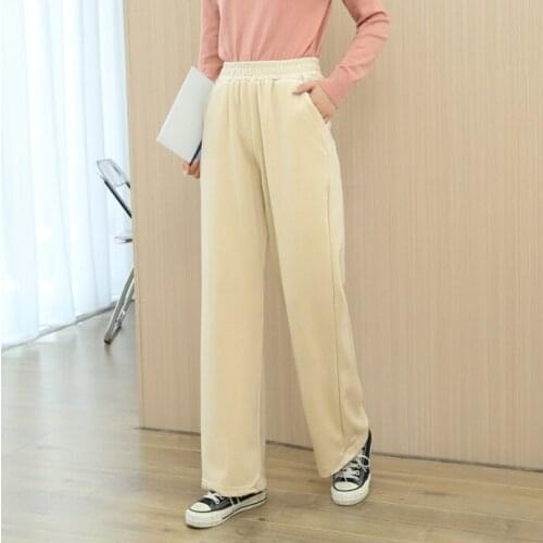 Pants Women Wide Leg Elastic Waist Pleated Knitted Solid Simple Casual Ankle-Length Korean Fashion Trendy Daily All-match Womens