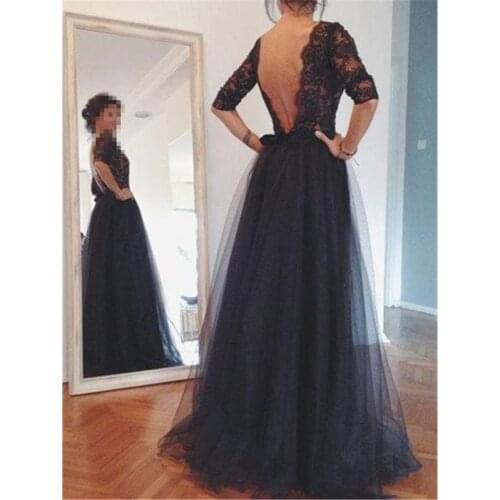 Black Evening Dresses Bateau Neck Half Sleeve Tulle Evening Party Gowns Backless Lace A-line Formal Dresses Robe De Soiree