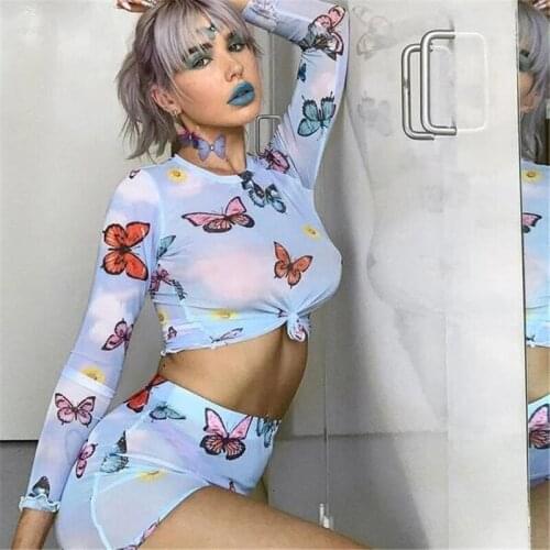 Women Streetwear T-shirts 2020 Summer Newest Print Mesh Sheer Sexy Tee Shirts Long Sleeve See Through Beach Club Tops