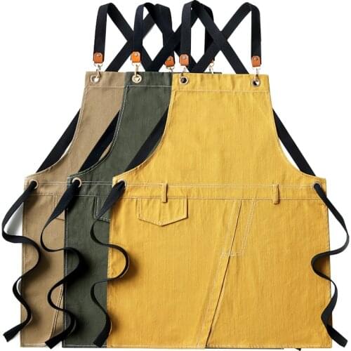 Solid Canvas Pocket Coffee Pinafore House Cleaning Bibs Cafe Shop Cooking Baking Accessories Women Men Apron Kitchen Accessories