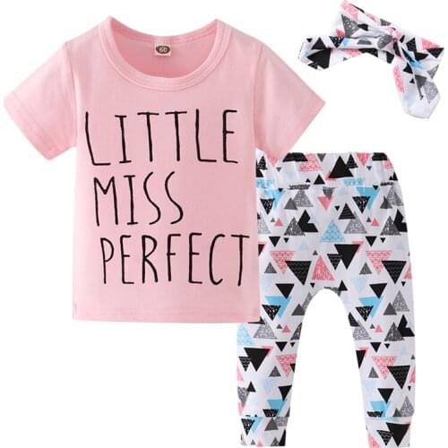 3Pcs Newborn Infant Baby Girls Clothes Set Letter Short sleeve Pink Tops Pants Headband Cotton Toddler Girl child Clothing Suit