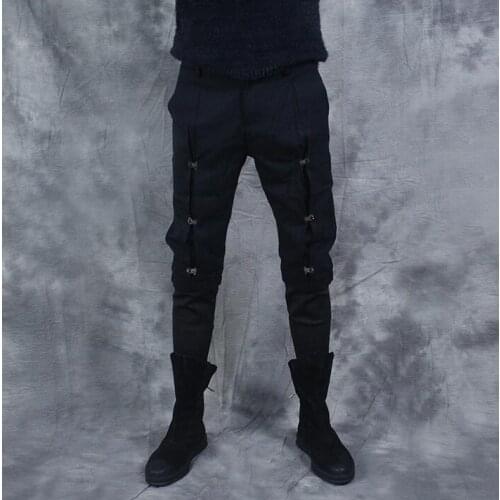 Male fashion all-match mens casual pants personality beam metal buckle faux two piece trousers mens slim skinny pants black