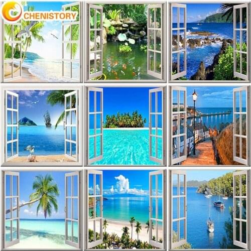 CHENISTORY Paints By Numbers Scenery Window Diy Craft Kits On Canvas With Framed Handmade Oil Picture Drawing Coloring By Number