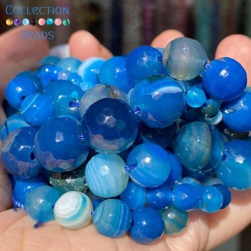 Natural Faceted Stripe Blue Agates Stone Loose Round Bead For Jewelry Making 4-12 MM DIY Bracelets Accessories Wholesale 15"