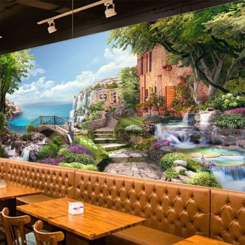 New product custom size European seaside oil painting town wallpaper 3D landscape photo wallpaper bar living room bedroom mural
