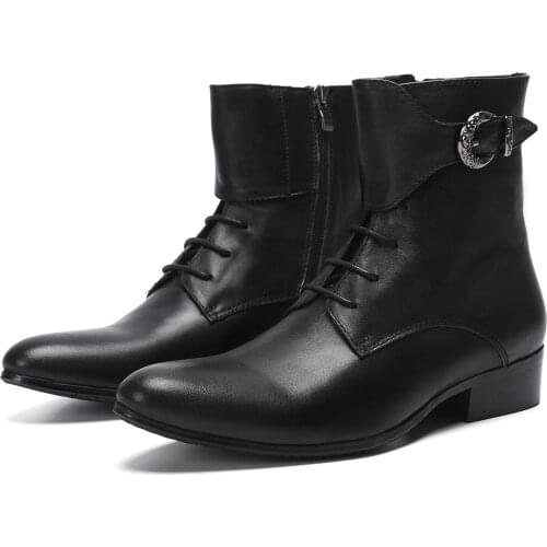 New Style Plus Size Pointed Toe Mens Lace-up Motorcycle Boots Business Wedding Man Short Black Leather Boots Botas De Hombre