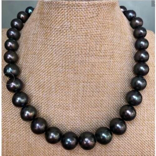 Charming AAA 13-15 mm Tahitian black green pearl necklace 18"