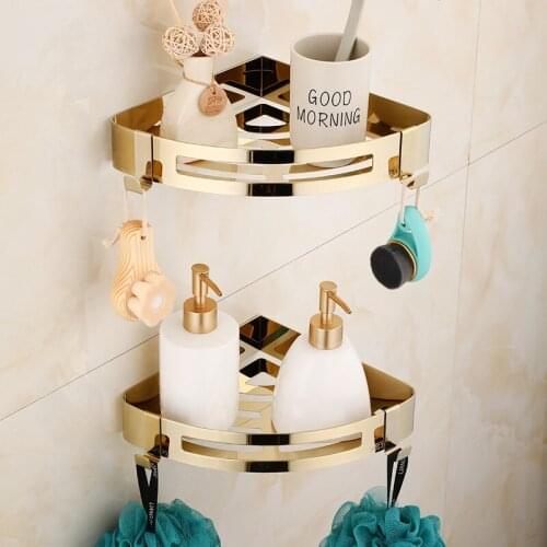 Bathroom Shelf 304 Stainless Steel Bath Shower Rack Bolt Inserting Type Corner Shelf With Hook Bath Hardware Gold Free Shipping