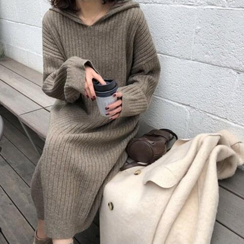 Plus Size 4XL Ladies Sweater Dress 2021 Autumn Winter Women Knitted Vestidos Loose Lazy Style Hooded Knit Robe Thick Warm Dress
