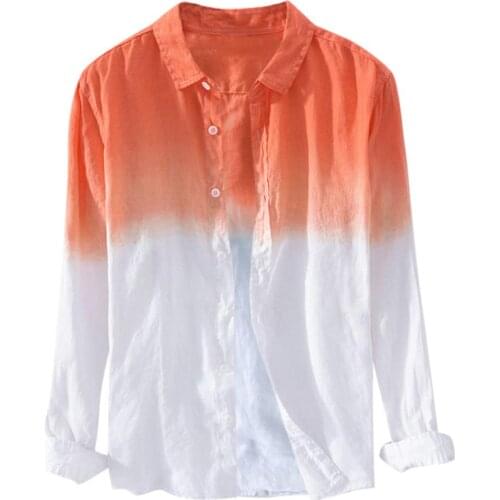 Shirt 2019 Summer Men Blouse Thin Breathable Lapel Hanging Dyed Gradient Color Cotton Linen Long Sleeve Shirts Chemise Homme C