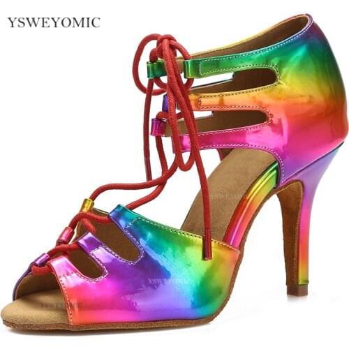 Salsa Latin Dance Shoes High Heel 3inch 8.5cm Rainbow PU Leather Soft Insole Stable Salsa Ballroom Latin Dance Shoes For Girls