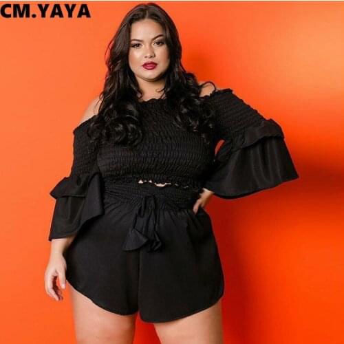 CM.YAYA Women Plus Size Set Solid Off Shoulder Full Flare Sleeve Crop Tops Loose Shorts Two 2 Piece Sets Tracksuit Summer Outfit