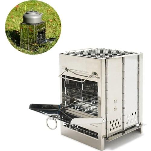 Outdoor Grill Stainless Steel Integrated Wood Stove Folding Camping Barbecue Portable Mini Wood Lightweight Cooking Stove