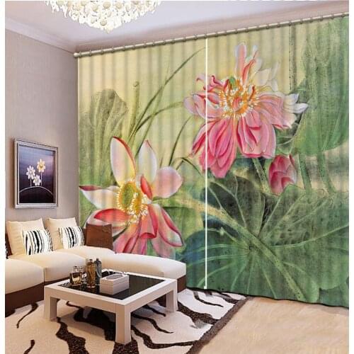 Curtain Depicting oil painting lotus leaf, lotus Blackout Window Drapes Luxury 3D Curtains For Living room Bed room Office