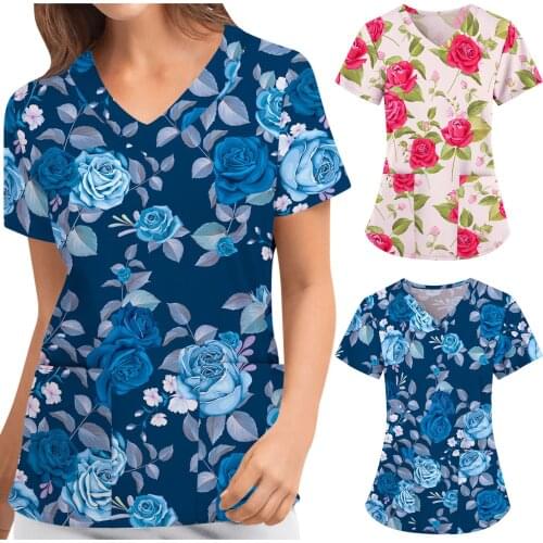 Women Floral Print Nurse Uniform Short Sleeve V-neck Tops Blouses Medical Working Uniform Pocket Medical Nursing Scrub Uniform