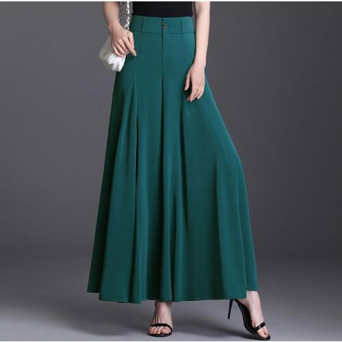 2020 New Women Summer Casual Thin Ice-silk Wide Leg Skirt Pants Female Button High Elastic Waist Straight Trousers Size 6XL A31