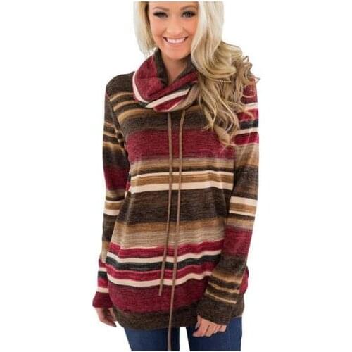 Turtleneck Hoodies Women Autumn Winter Long Sleeve Clothes 2019 Striped Multicolor Casual Pullover Lace Up Hoodies Sweatshirts