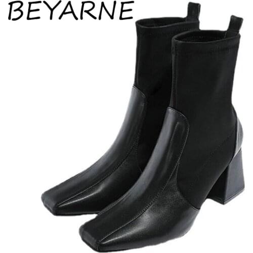 BEYARNE2021Spring and Autumn Martin Boots Female British Style Single Boots Square Toe Thick Heel Red Thin High Heels Short Boot