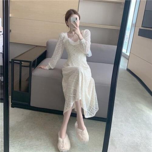 Women Dresses Womens Lace Dress Autumn Winter New Long Sleeve below the Knee Long Dress Vestido De Mujer
