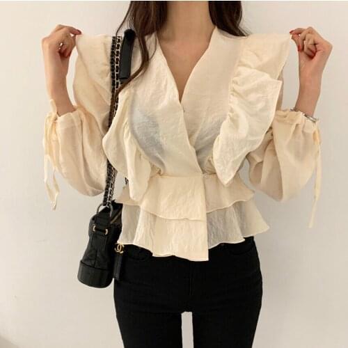 Ladies Spring Vintage Ruffles Slim Solid Blouses Sweet Women Sexy V-Neck Lace-up Long Sleeve Elegant All-match Short Shirts Tops