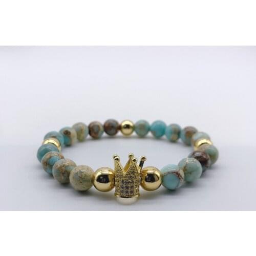 5pcs/lot Beaded Bracelets Round Stone Beads With CZ Paved Crown Bracelets