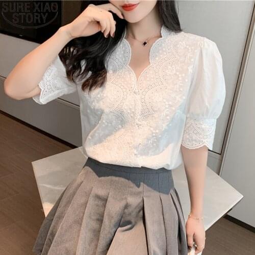 2021 Summer White Short Sleeve Blouses Women Tops Casual Sweet V Neck Women Shirts Cotton Embroidery Women Clothing Blusas 13102