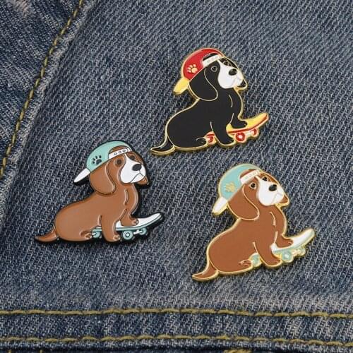 Punk Style Skateboard Dogs Enamel Pins Funny Animals Bag Brooch Lapel Badge Jewelry Gift for Kids Friends
