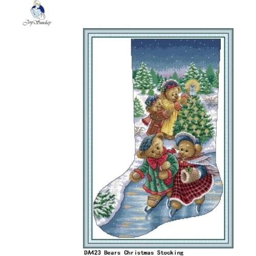 Joy Sunday Printed Cross Stitch Bears Christmas Stocking DMC 11CT 14CT Cross Stitch Kits Handmade Embroidery Home Decor