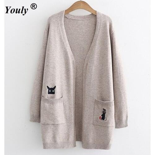 Double Pocket Cat Embroidery Cardigan Sweaters Long Knited Coat 2020 Winter Spring Casual Loose Female Long Knitted Jacket Top