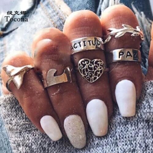 Tocona 7pcs/sets Vintage Silver Color Rings Sets for Women Heart Leaf Wave Letter Pace Love Geometry Wedding Rings Jewelry 9666