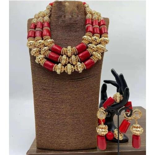 Red Coral Copper Gold Indian Bridal Party Jewelry Set Luxury 3 Layers Nigerian Wedding African Beads Jewelry Set ABG14