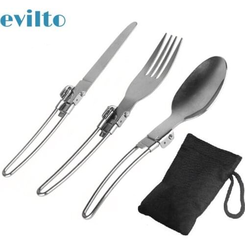 3pcs Camping Fork Spoon Set Outdoor Tableware Foldable Ultralight Stainless Steel Dishes For Camping Outdoor Cooking Hiking