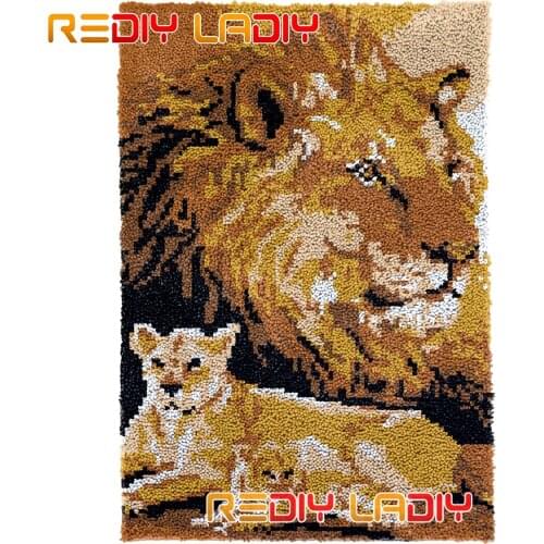 Latch Hook Rug Kits Lion Family Plush Wall Hangings DIY Carpet Rug Chunky Yarn Arts Cushion Crocheted Floor Mat Hobby & Crafts