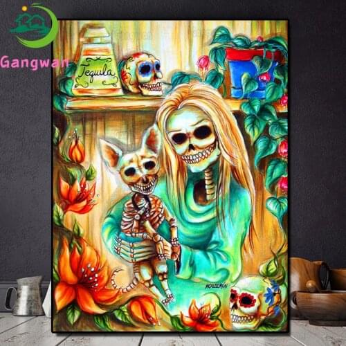 New Diamond Painting 5D Round Square Cartoon skull Girl Embroidery Mosaic Diamond skull Sphynx cat wall painting Halloween decor