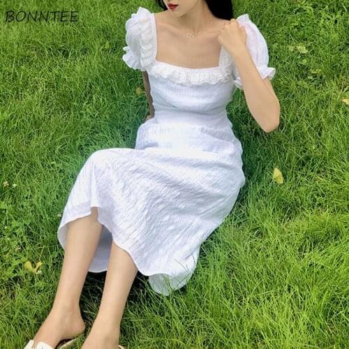 Dresses Women Temperament Simple Solid Party Ruffles New Arrival Causal Summer Retro Mujer Romance Square Collar Ulzzang Hipster