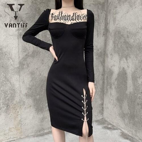 Casua Vintage Dress Dark Wind Bag Hip Nightclub Small Black Dress Show Thin Fork Dress Punk Metallic Pendant Long Skirt Girl