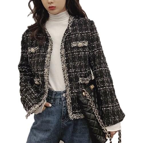 Chic Tweed Jacket Tassel Plaid Short Coat Women O Neck Vintage Suit Spring Autumn Fashion Loose Korean Blazer Jackets Overcoat