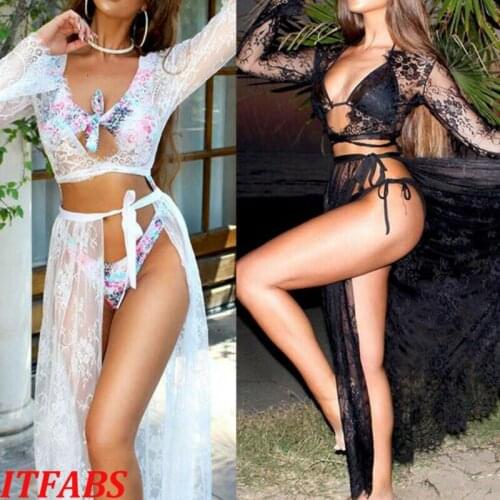 Sexy Womens Fashion V Neck Bikini Cover Up Summer Mesh Lace Swimwear Sheer Beach Maxi Wrap Sarong Pareo Solid Color Cover Up