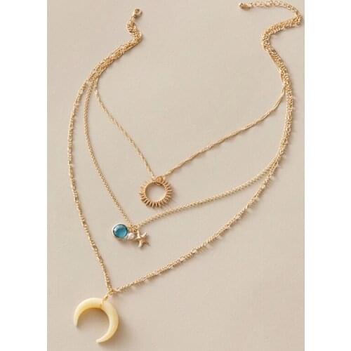 Tocona Bohemian Moon Pendant Necklace for Women Shiny Rhinestone Starfish Multilayer Geometric Sweater Chain Jewelry 8929