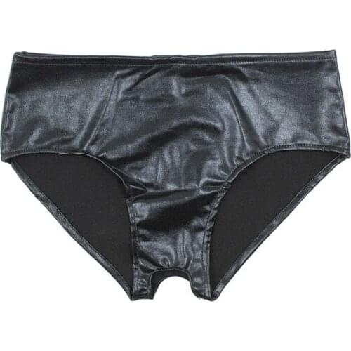 Open Butt Design Unisex Faux Leather Open Crotch Low Rise Micro Bikini Briefs Sexy Underwear Crotchless Panties Black