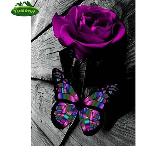 Yumeart 5D DIY Diamond Painting by Number Purple Flower Butterfly Cross Stitch Diamond Embroidery Rhinestone Pattern Home Decor