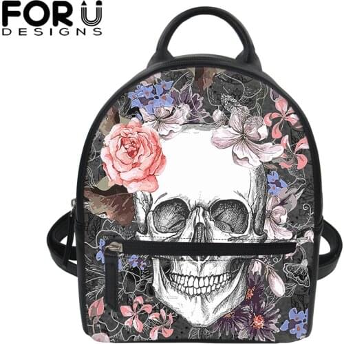 FORUDESIGNS Hot Style Women Pu Leather Gothic Backpack Skull With Rose Flower Print Luxury Designer Mini Bags Mochila Femme
