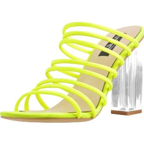 Onlymaker Women Slip-On Metal Transparent Chunky High Heel Sandals Fluorescent Yellow Pink Black Ladies Mules Strips Big Size