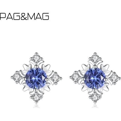PAG&MAG Creat Snowflake Sapphire Stud Earrings Sterling Silver 925 Gemstone Earrings For Women Jewelry Brincos Para As Mulheres