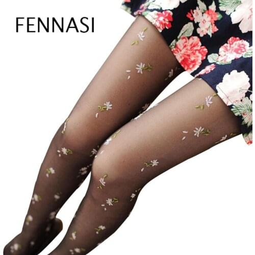 FENNASI Women Jacquard Sexy Tights Sweet Transparent Pantyhose Girl Japanese Fashion Retro Flowers Print White Stockings