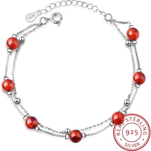 925 Sterling Silver Fashion Womens Jewelry Red Garnet Stone Double Layer Beads Bracelet 16cm For Gift Girls Lady Drop Shipping