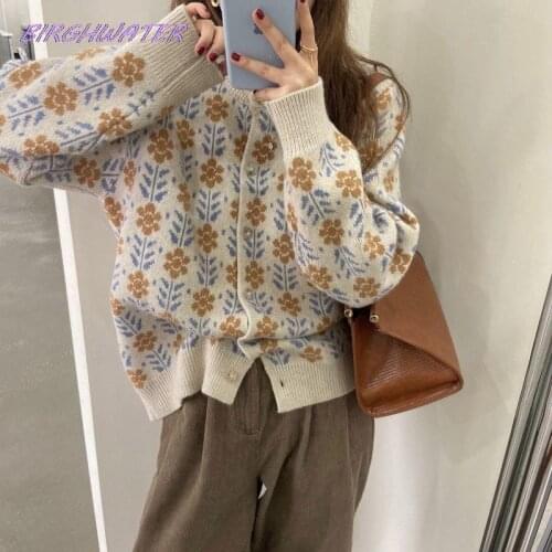 Chic 2021 Autumn Vintage Floral Womens Sweater Korean Style Button Up Knit Cardigan Coat Winter Female Outwear Clothing